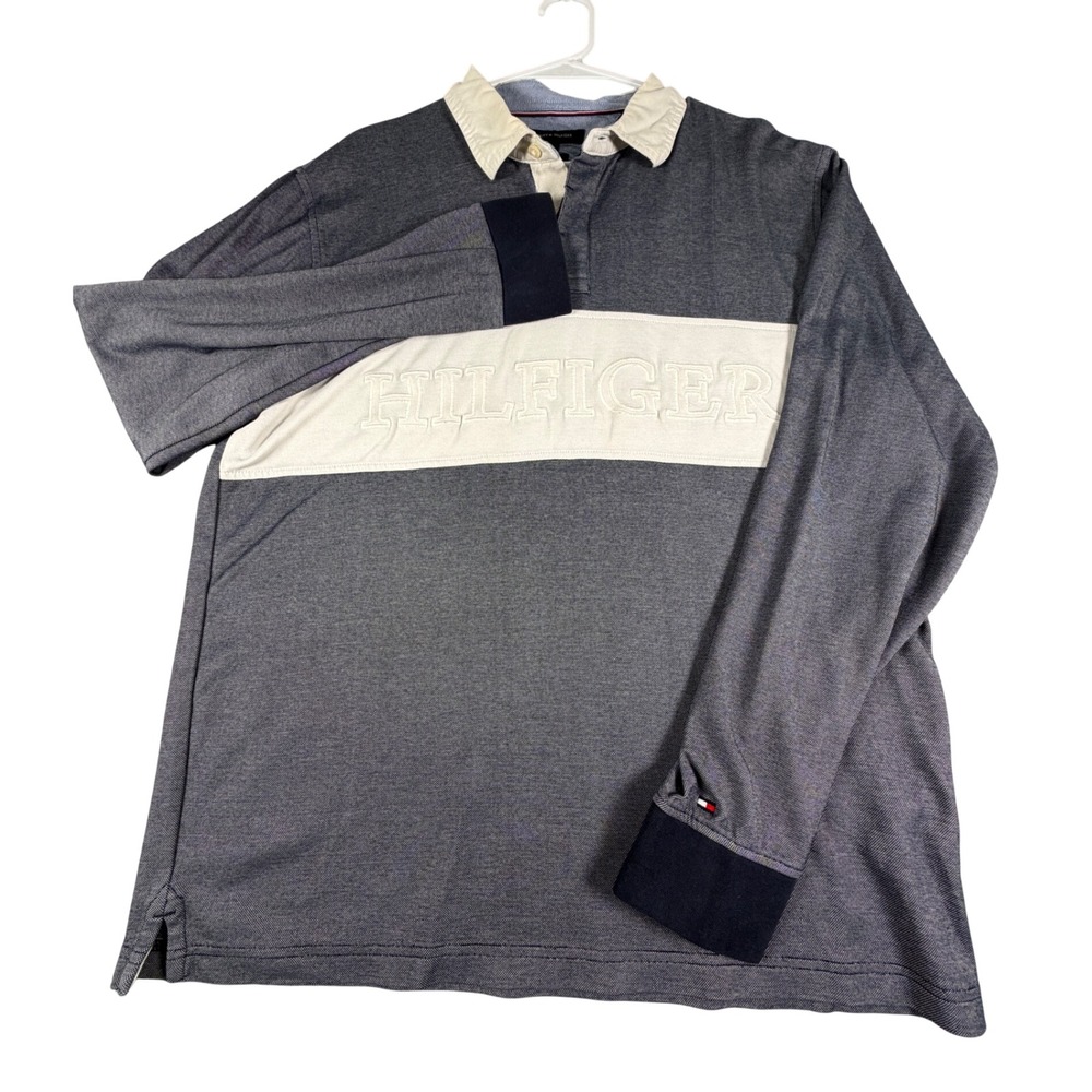 Tommy Hilfiger Mens XL Slim Fit Rugby Shirt Long Sleeve Grey White THLuxe